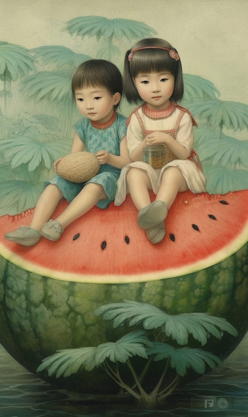 萌娃坐在西瓜上玩耍儿童节创意插画素材壁纸,插画/手绘图,插画/手绘图库,插画/手绘图下载,插画/手绘